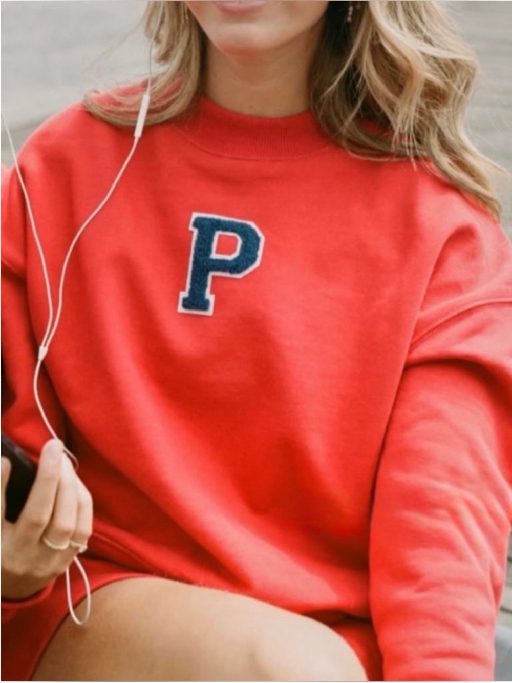 Women's Red Crewneck Sweatshirt with Navy 'P' Patch